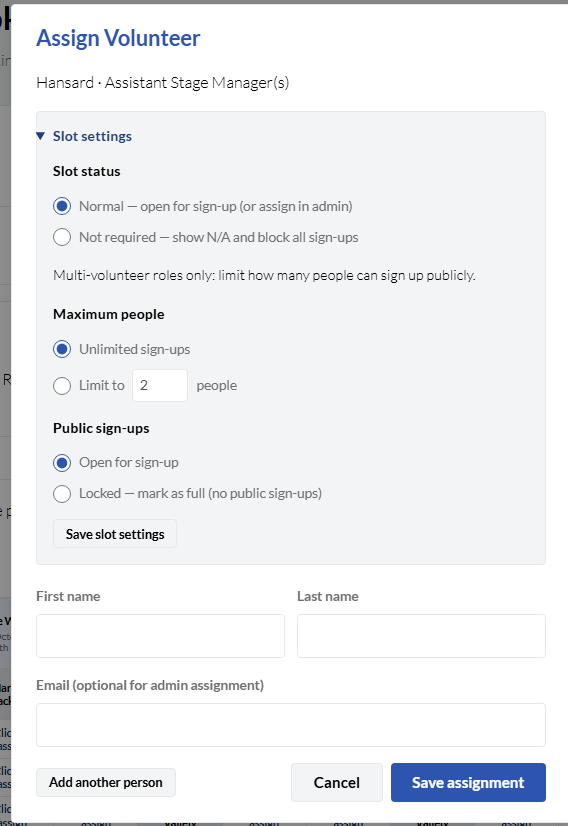 Rota slot settings in cell dialog