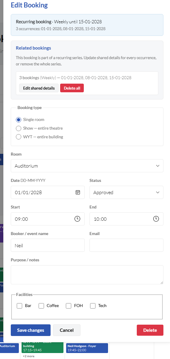 Edit booking window showing a recurring series