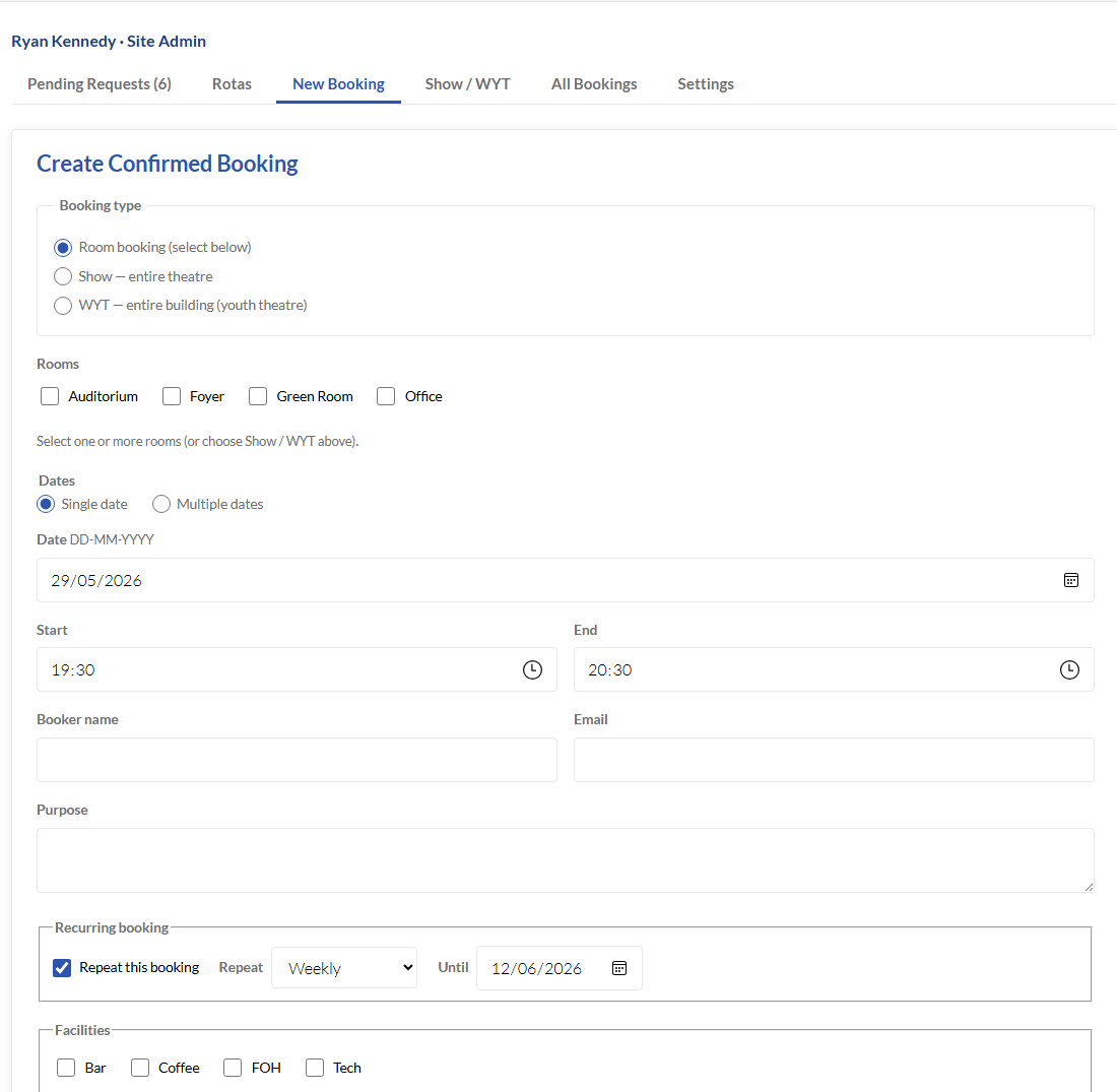 New booking form with recurring options