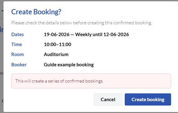 Confirm new booking dialog