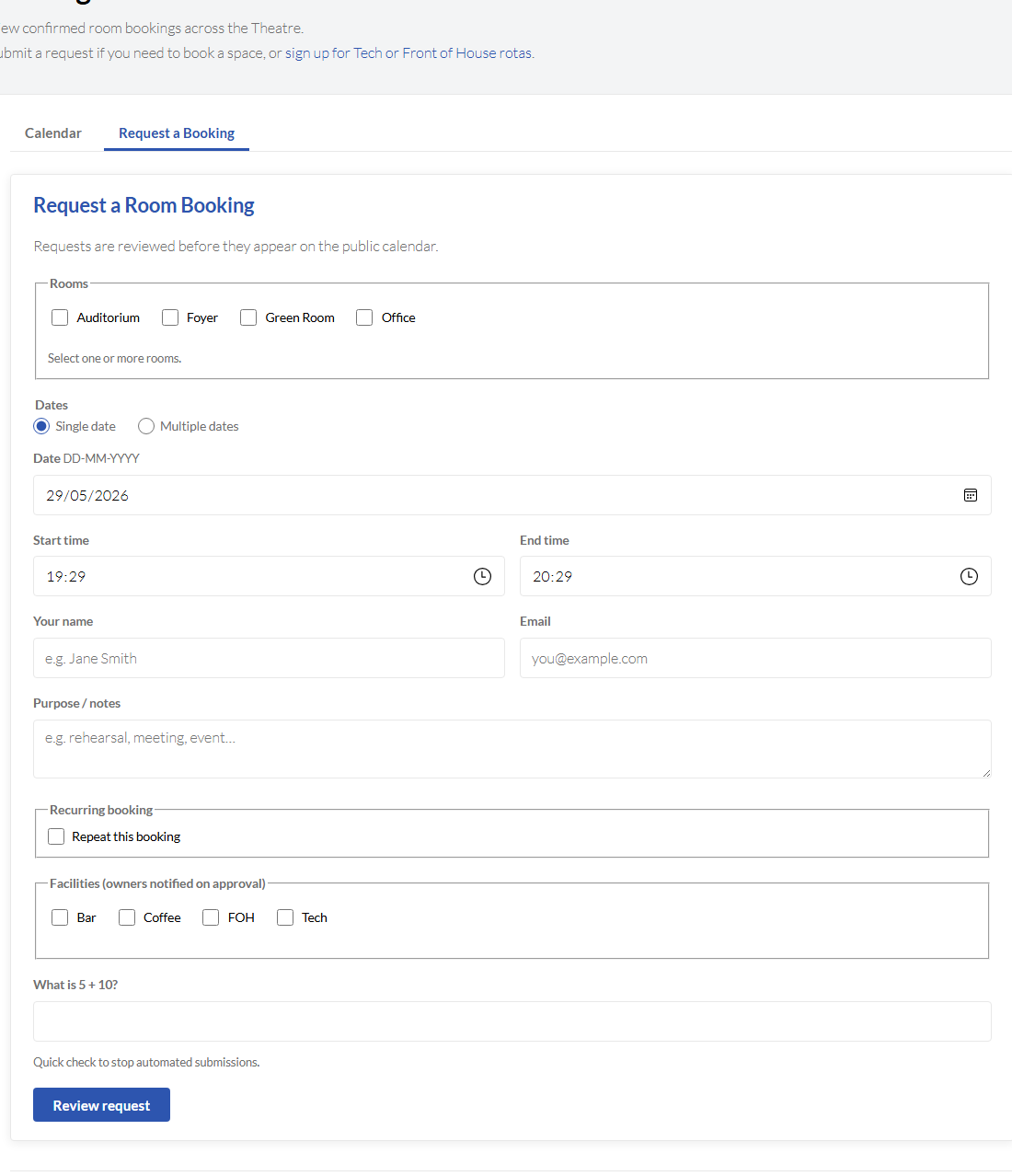 Request a booking form