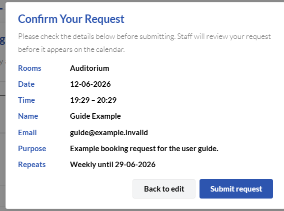 Confirm booking request dialog