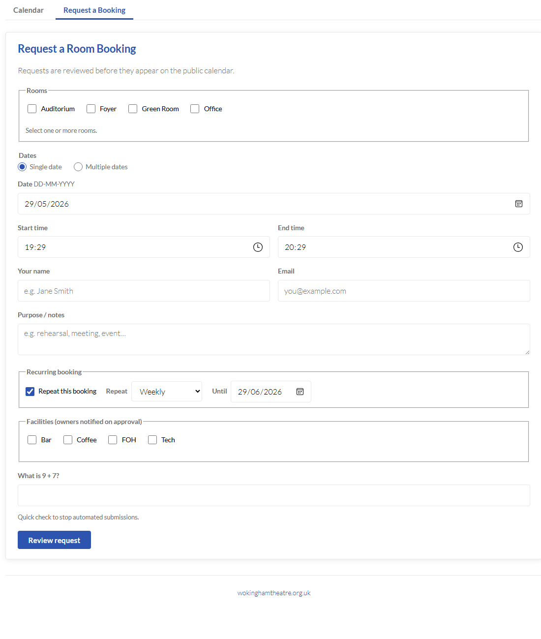 Request form with recurring booking options shown